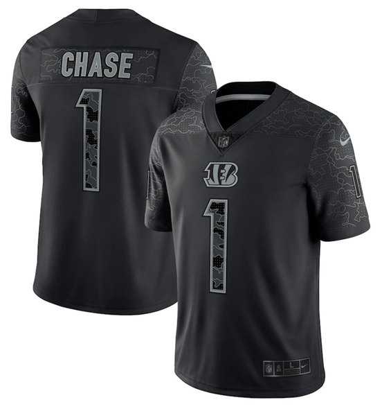 Men's Cincinnati Bengals #1 Ja'Marr Chase Black Reflective Limited Stitched Jersey,We sell and wholesale Men's Cincinnati Bengals #1 Ja'Marr Chase Black Reflective Limited Stitched Jersey on line form chian!